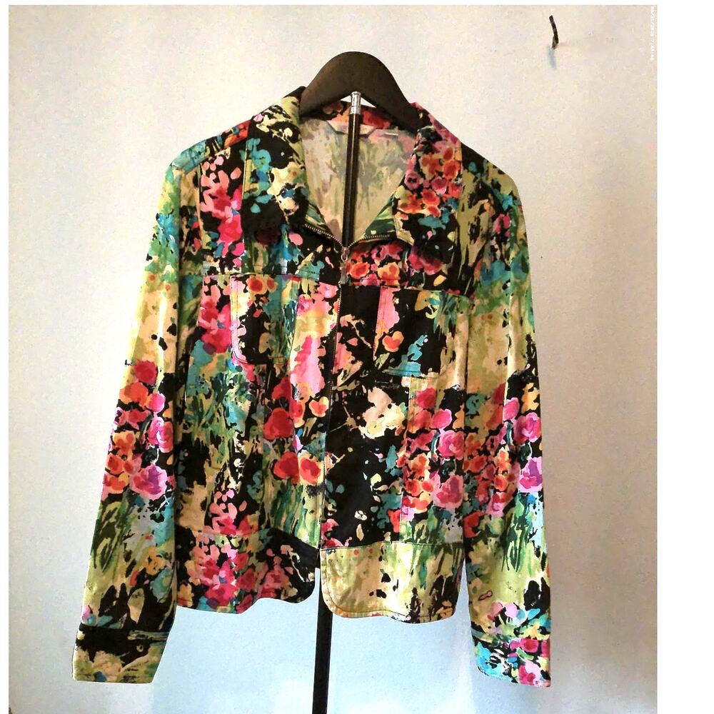 Erin London Abstract Floral Zip Up Jacket Blazer Colorful Bold Art To Wear